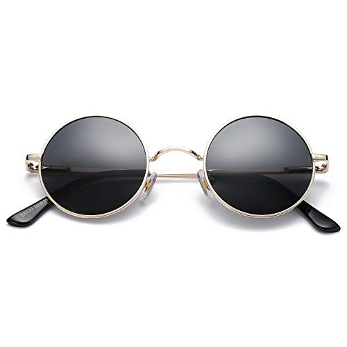 Round Oval Sunglasses Man Woman Metal Gold Frame Black Lens 
